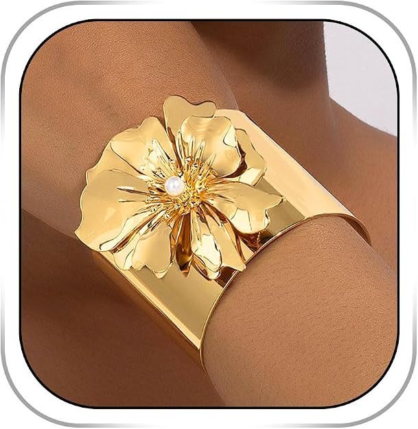 Wide Gold Bracelets for Women Chunky Flower Cuff Bracelet Vintage Statement Open Cuff Trendy Bang... | Amazon (US)