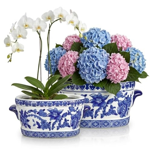 Blue and White Ceramic Planter Pot – Vintage Floral Oval Cachepot Vase for Indoor Plants, Flowers & Succulents – Glazed Chinese Porcelain Style Decorative Bowl – 7.4" or 10.6" Size – No Drainage | Amazon (US)