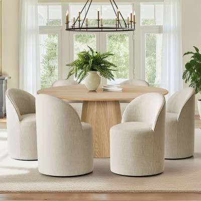 Round Dining Table Set For 6, Beige Upholstered Barrel Dining Chairs With Castors, Linen Blend Fabric, Curved Back Support - Panipeachy | Target