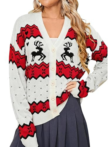 Simplee Womens Christmas Ugly Cardigan Casual Funny Reindeer Button Knit Open Front Cute Sweater for Holiday Party(Red Reindeer,X-Large) | Amazon (US)