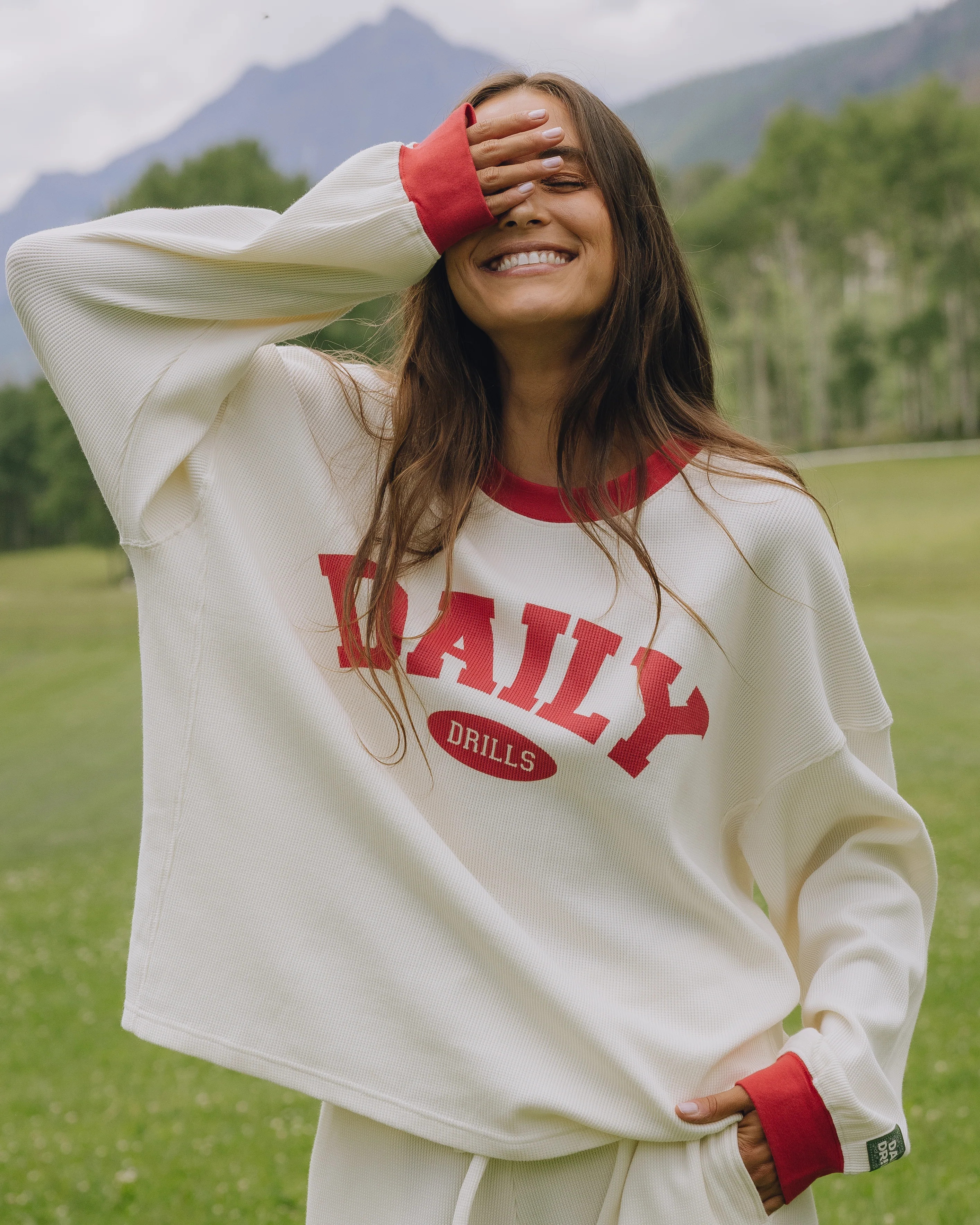 Oversized Daily Thermal - Cream + Vintage Red Rib with Bandana Patch | Daily Drills LLC