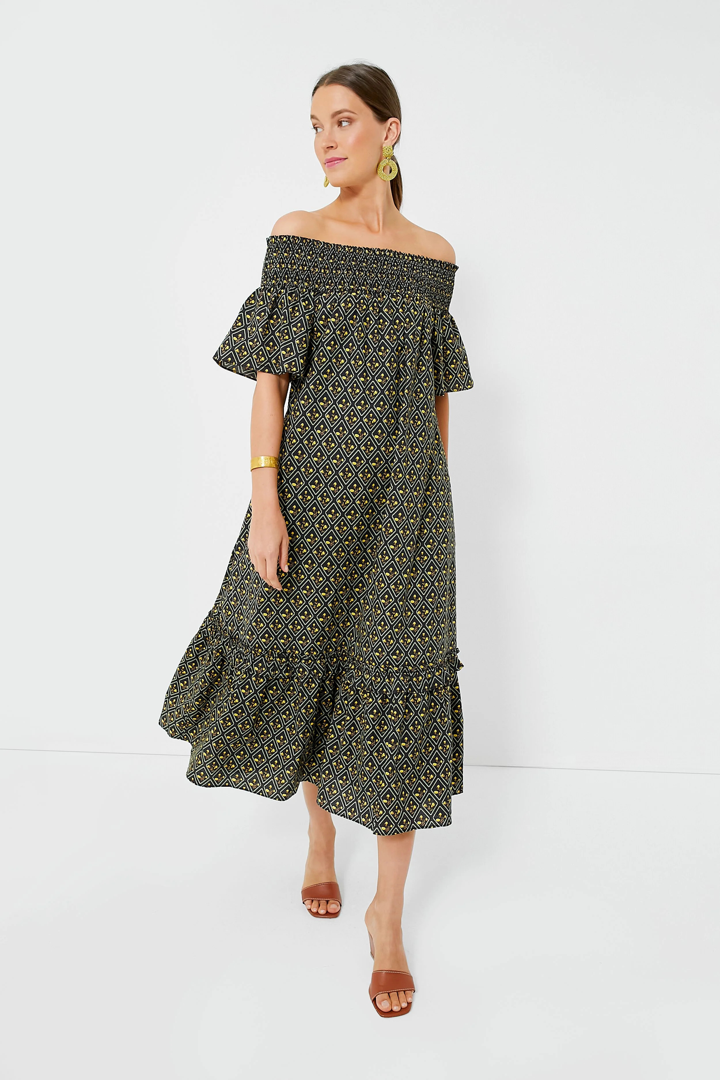 Black Floral Shirred Capri Maxi Dress | Tuckernuck (US)