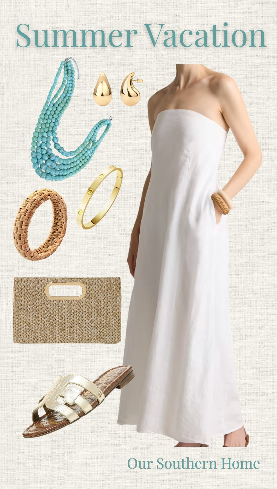  
Gorgeous look for summer with with Quince white linen dress, woven accessories, turquoise beaded necklace and gold Sam Edleman sandals. 
 