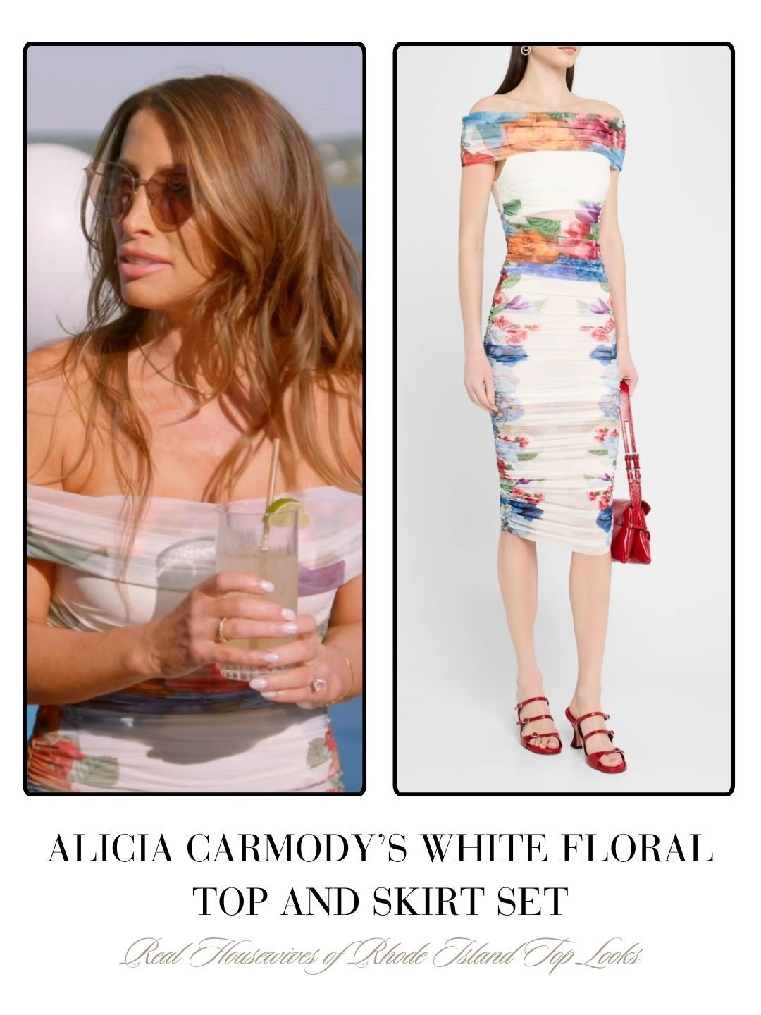 Alicia Carmody’s White Floral Off The Shoulder Top and Skirt on The Real Housewives of Rhode Island Season 1 Episode 1