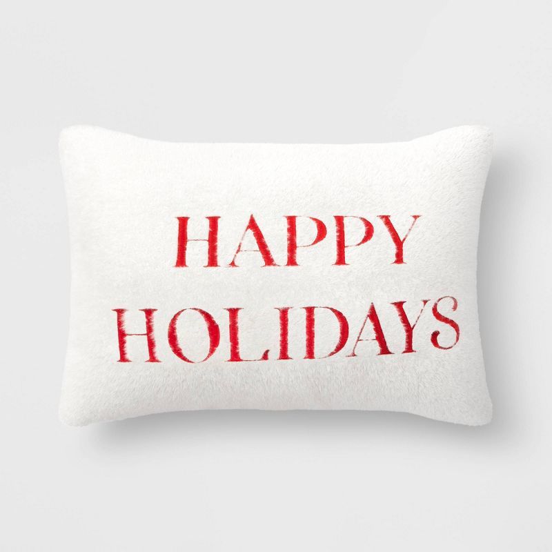 &#39;Happy Holidays&#39; Faux Fur Lumbar Christmas Throw Pillow White - Threshold&#8482; | Target