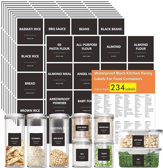 Hebayy 234 Minimalist Kitchen Food Labels, 216 Preprinted Flour Pasta Peas Condiment Oil Stickers... | Amazon (US)