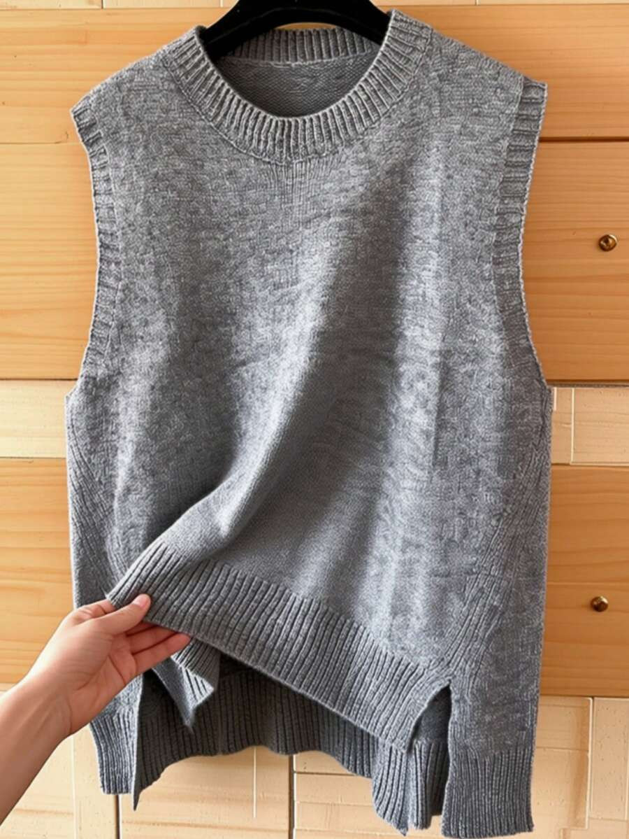 LocalPlus Size Light Grey Knit Sweater Vest - Side Slit & Asymmetric Hem Sleeveless Top, Casual L... | SHEIN