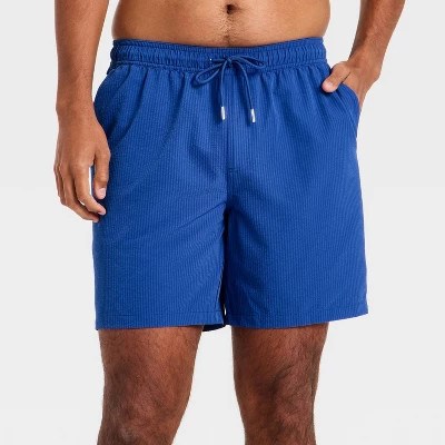 Men's 7" Leaf Print Swim Shorts with Boxer Brief Liner - Goodfellow & Co™ Navy Blue S | Target