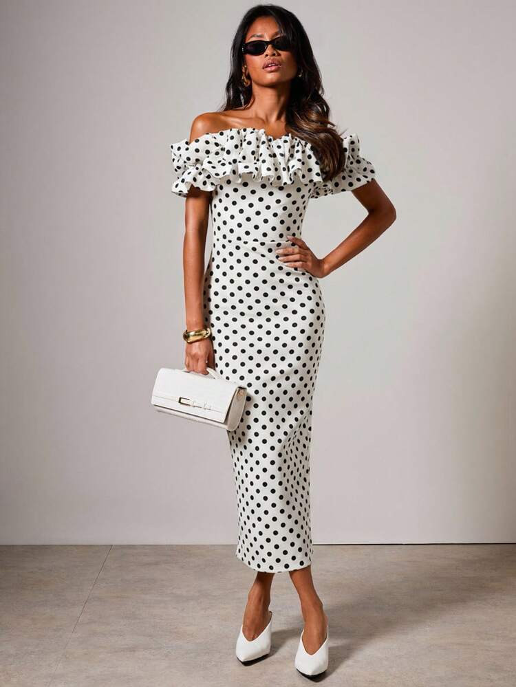 COSMINA Women's Elegant Polka Dot Print Off-Shoulder Mid-Length Dress | SHEIN