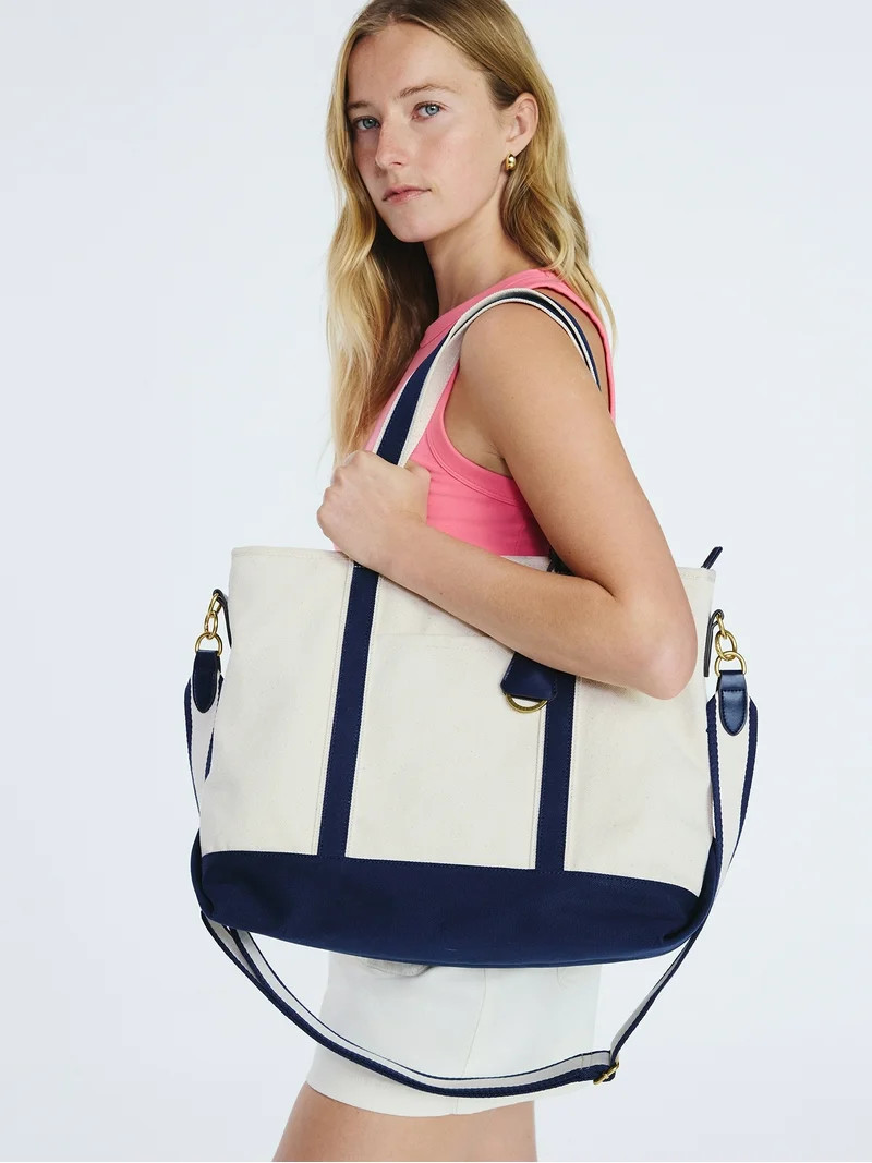 Free Assembly Women's Medium Canvas Tote, Natural/Navy | Walmart (US)