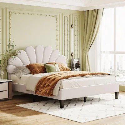 Upholstered Platform Bed With Flower Pattern Velvet Headboard | Wayfair North America