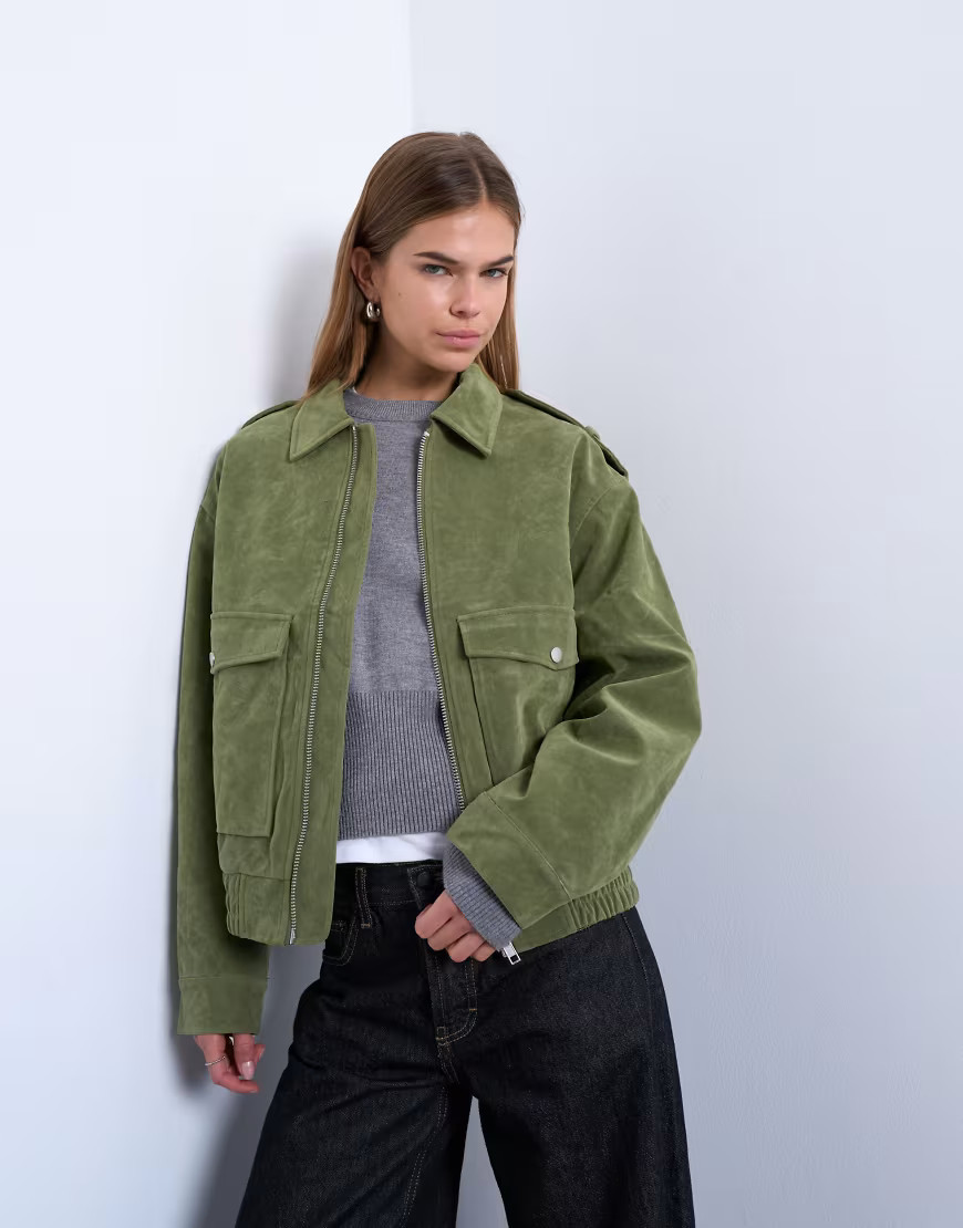 Topshop faux suede quilted lined bomber jacket with popper details in sage green-Brown | Topshop