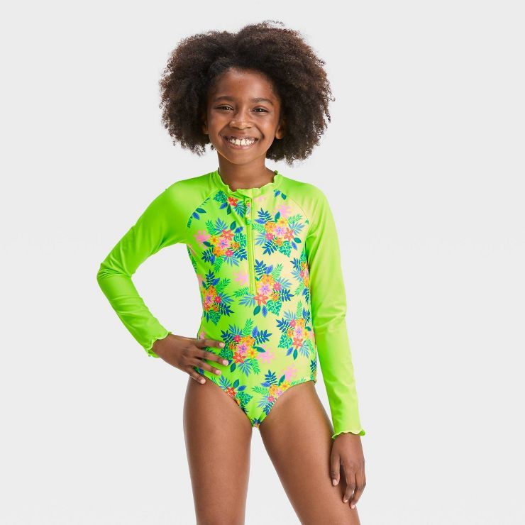 Girls' Aloha Floral One Piece Rash Guard Swimsuit - Cat & Jack™ Lime Green | Target