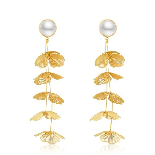 Pearl Drop Earrings for Women, 18K Gold Plated Large Floral Botanical Dangle Earrings, Statement Boho Hypoallergenic Lightweight Jewelry, Gift for Wedding, Party, Special Occasions, Perfect for a Valentine's Day gift - Layered Floral Drop Style | Amazon (US)