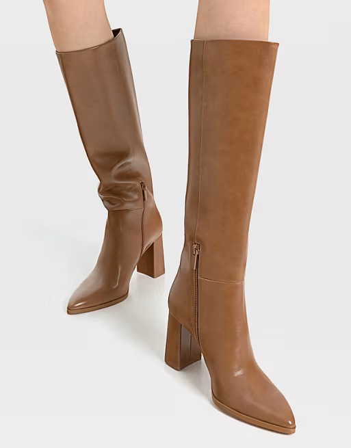 Stradivarius knee high heeled boots in brown | ASOS | ASOS (Global)