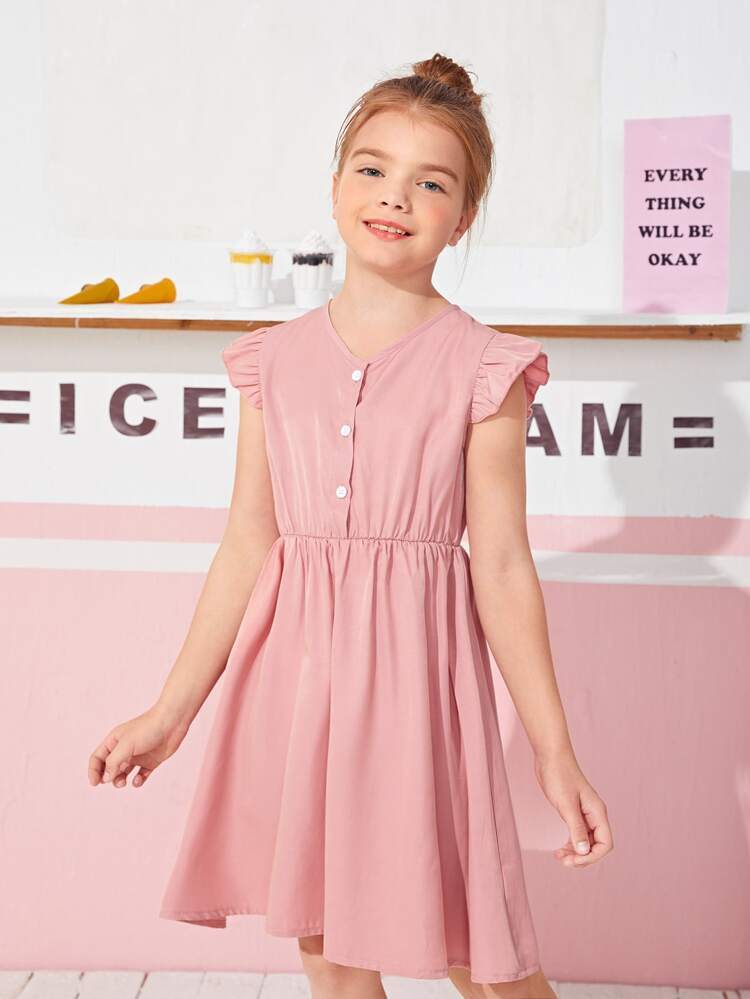 Girls Ruffle Sleeve Half Button Dress | SHEIN