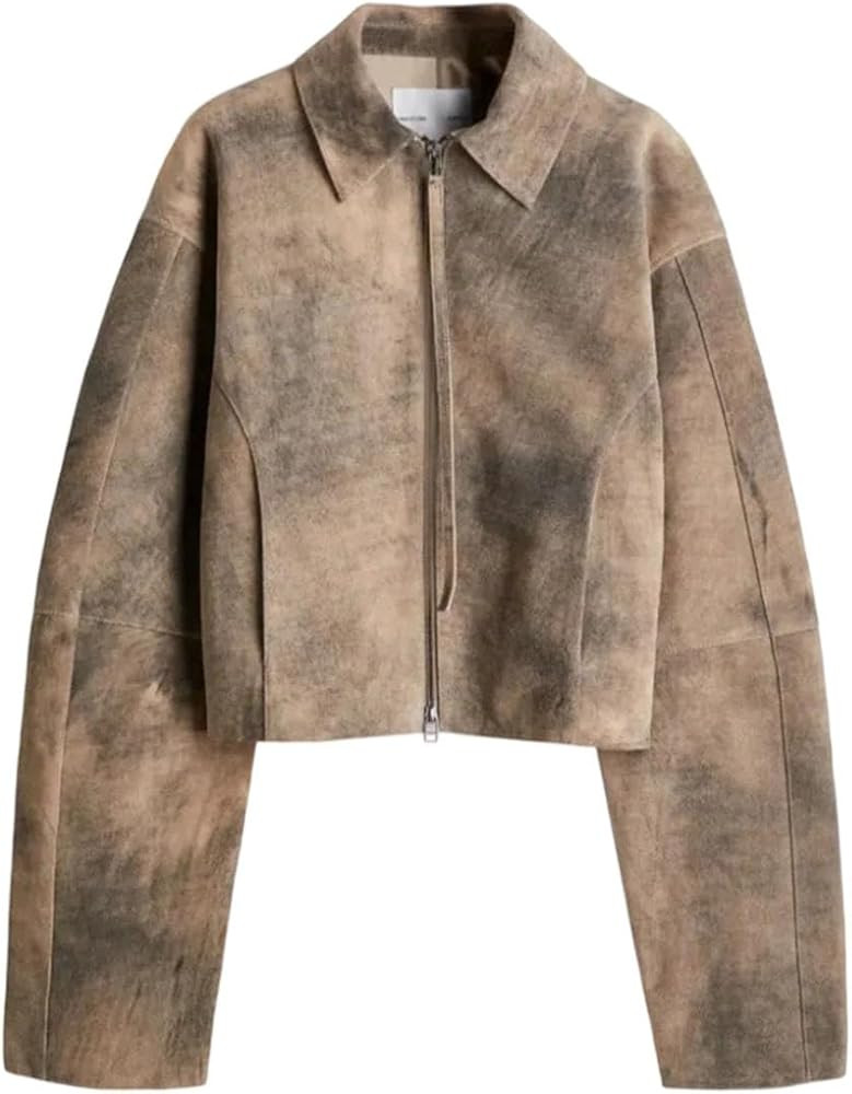 Women Lapel Zipper Faux Leather Jacket Vintage Turn-Down Collar Long Sleeve Short Distressed Coat... | Amazon (US)