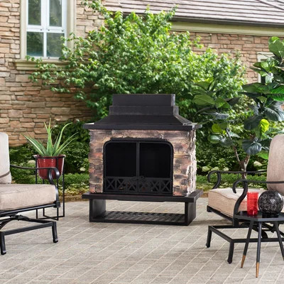 Sunjoy Pirtle Outdoor Fireplace, Heavy Duty Patio Wood Burning Fireplace with Steel Chimney, Mesh Spark Screen Doors, Removable Grate and Fire Poker | Wayfair North America