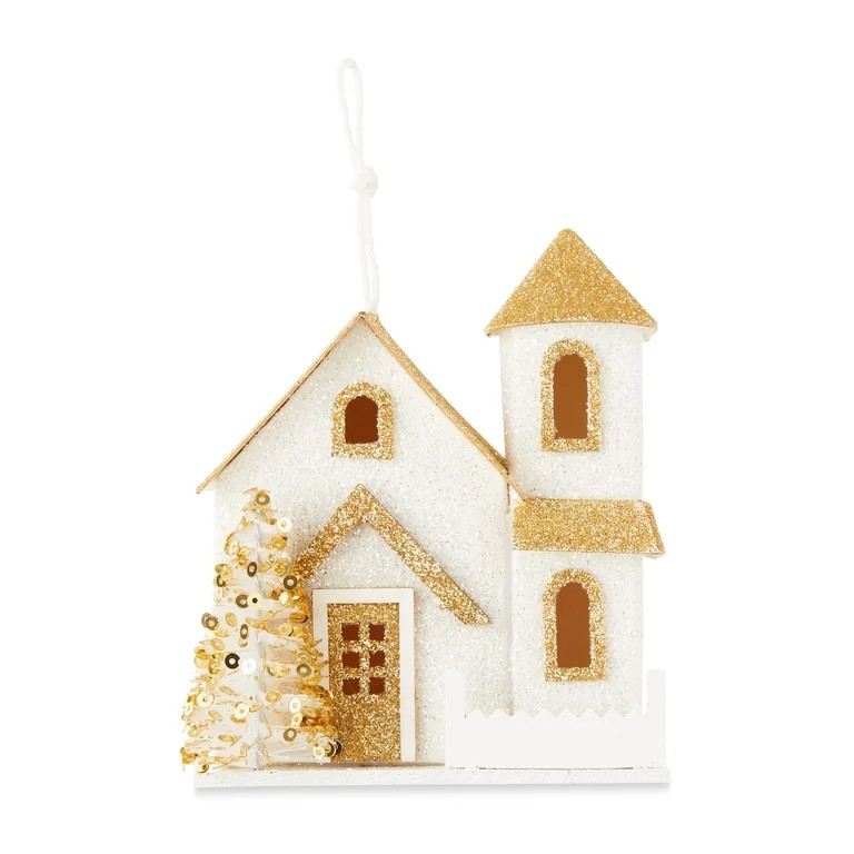 Gold and White Glitter Paper House with Tree Christmas Ornament, by Holiday Time | Walmart (US)
