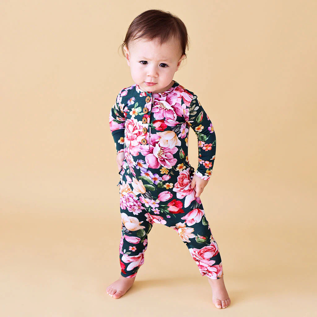 Floral Green Girl Ruffled Henley Romper | Arsine | Posh Peanut