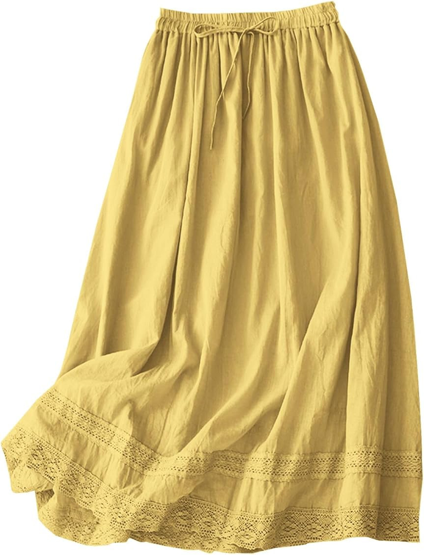 SANGTREE Women's Lace Cotton Linen Skirt Drawstring Waist A Line Beach Flowy Long Skirts | Amazon (US)