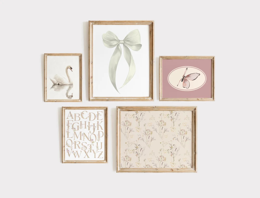 Vintage Girls Room Art Prints Gallery Set of 5 White Bow Digital Art Print Vintage Wildflowers Nu... | Etsy (US)