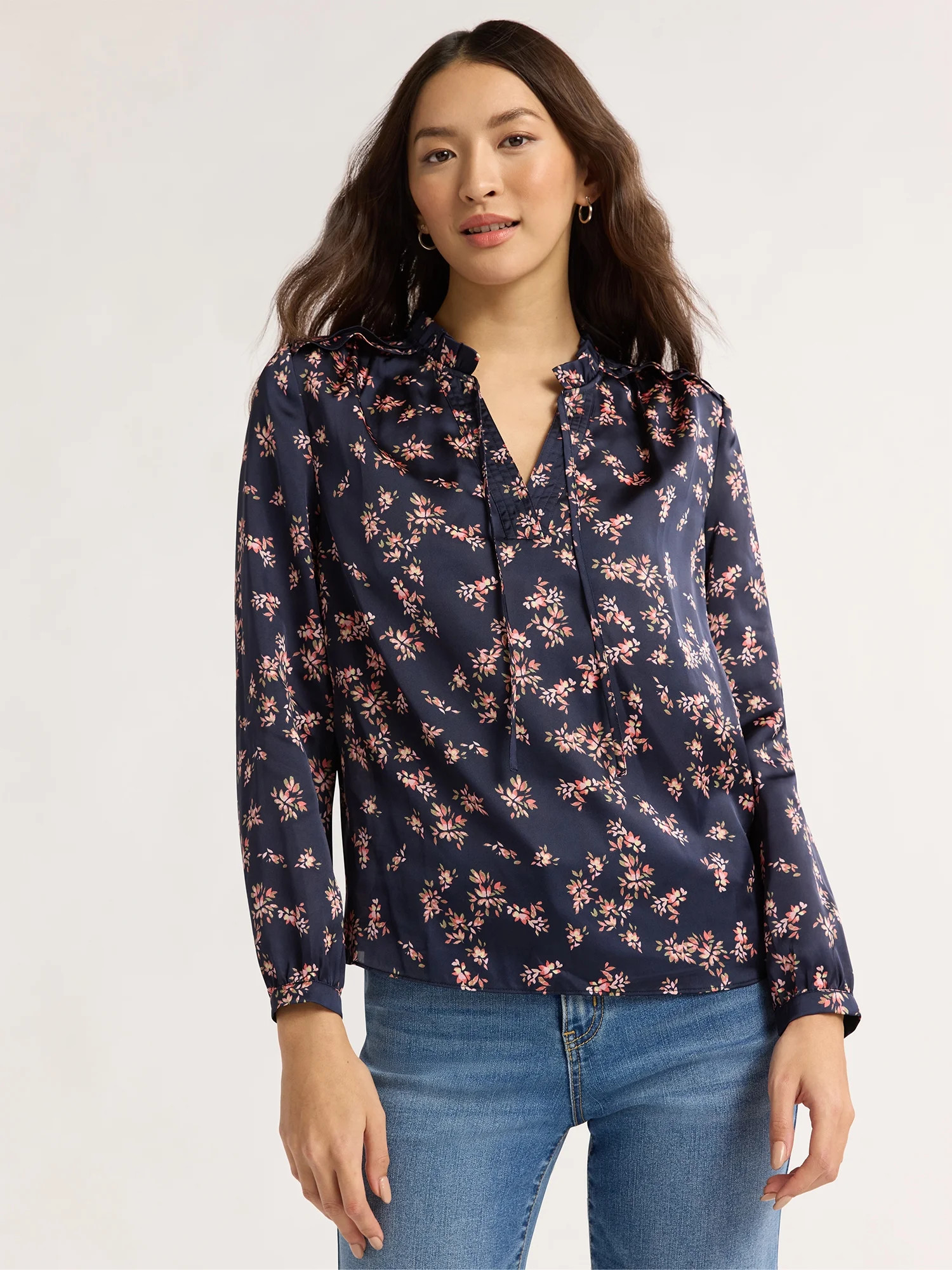 Time and Tru Women's Silky Satin Ruffle Neck Blouse, Sizes XS-XXXL | Walmart (US)