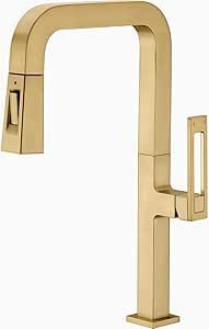 Brushed Gold Kitchen Faucet Single Handle Brass Bar Sink Faucet with Pull Down Sprayer, Square Sh... | Amazon (US)