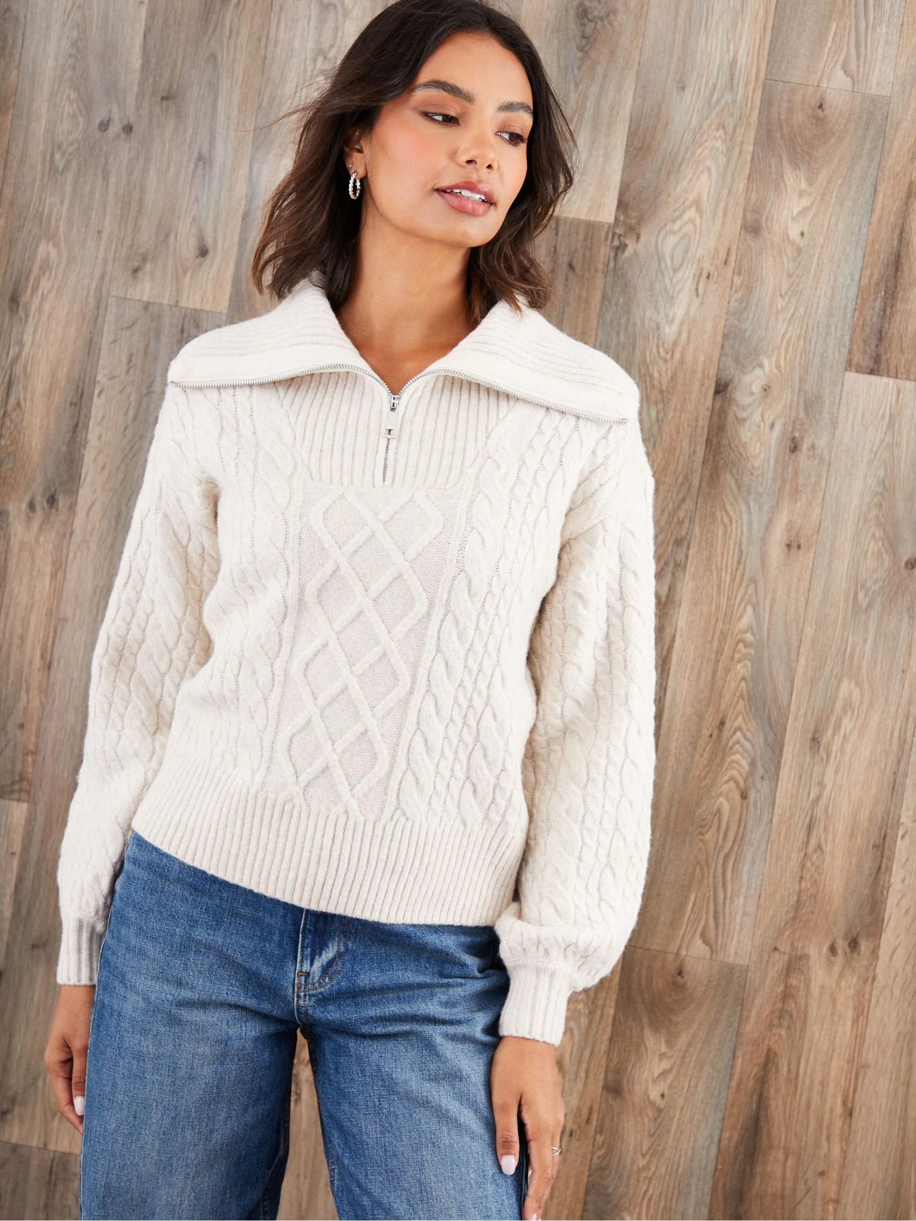 Threadbare Threadbare Cream Cable Knit Quarter Zip Jumper | Next US
