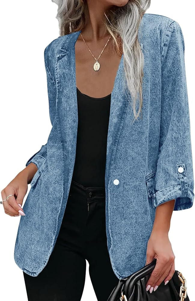 Karlywindow Womens Denim Blazer Suit Notched Lapel Casual Rolled Sleeve Button Up Washed Jean Jac... | Amazon (US)