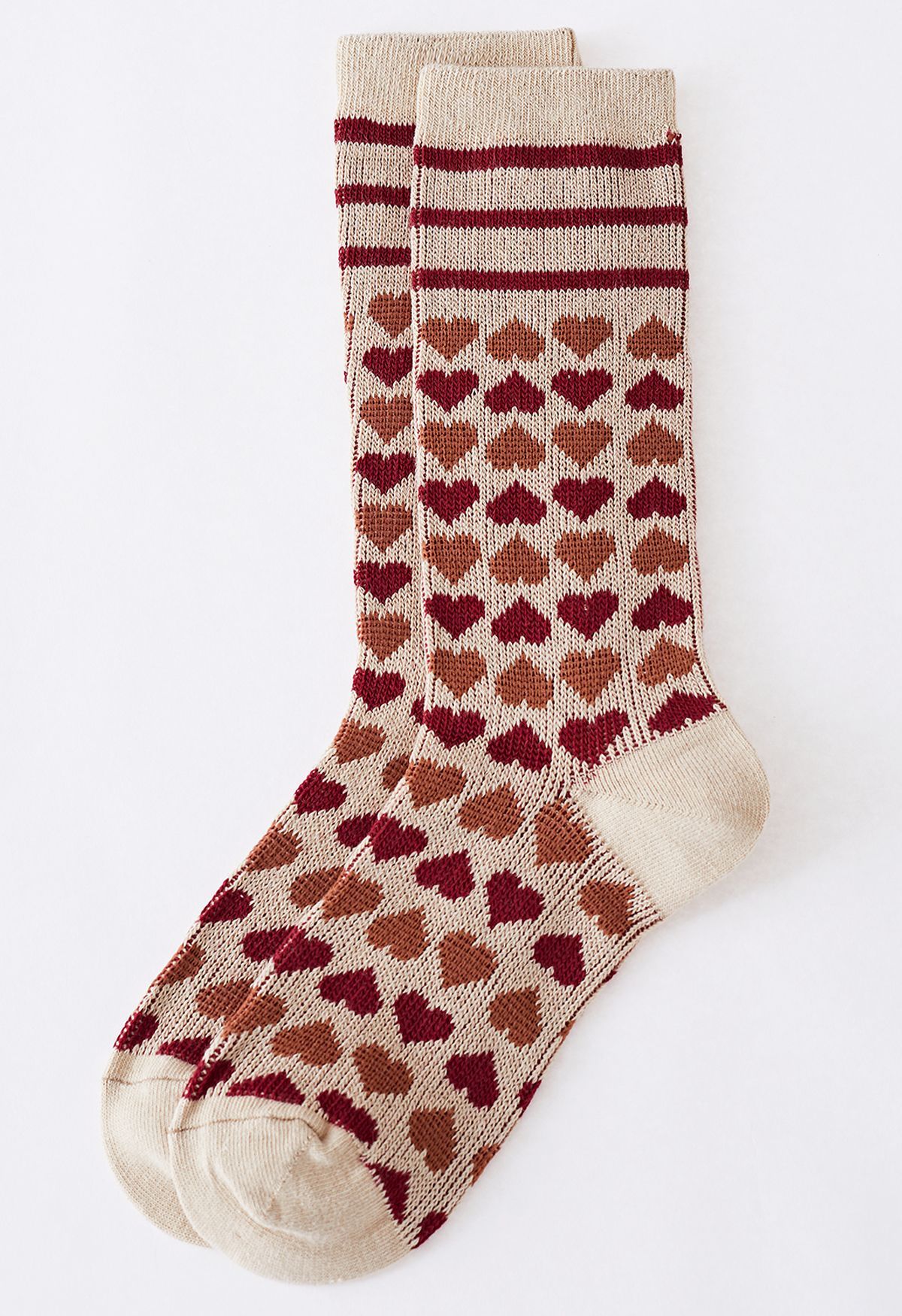 Bicolor Heart Pattern Mid-Calf Socks in Tan | Chicwish