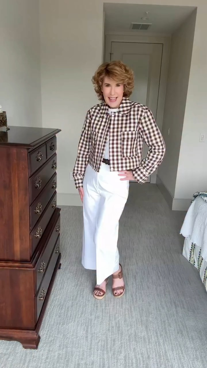 This outfit is such a polished, easy look for spring and summer 🌿 The cropped gingham jacket adds the cutest tailored touch, paired with crisp wide-leg pants for a flattering, comfortable fit. And these neutral wedge sandals? They go with everything and give just the right amount of height without sacrificing comfort.

Perfect for lunch dates, travel days, or casual outings when you still want to feel put together 💕

#LTKOver40 #LTKWorkwear #LTKootd