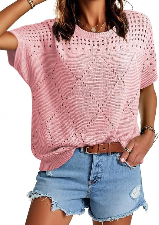 Dokotoo Women's Summer Scoop Neck Short Sleeve Sweaters Crochet Hollow Out Knit Tops Pullover Shi... | Amazon (US)