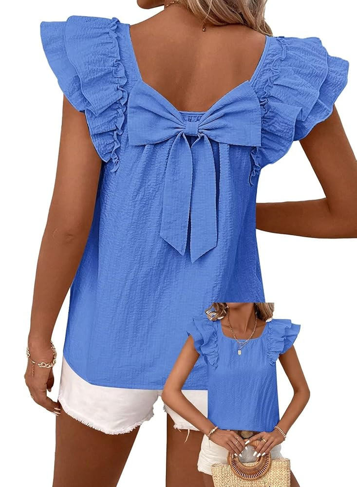Womens Bow Tie Back Tops Round Neck Ruffle Short Sleeve Shirts Cute Babydoll Chiffon Tee Women Su... | Amazon (US)