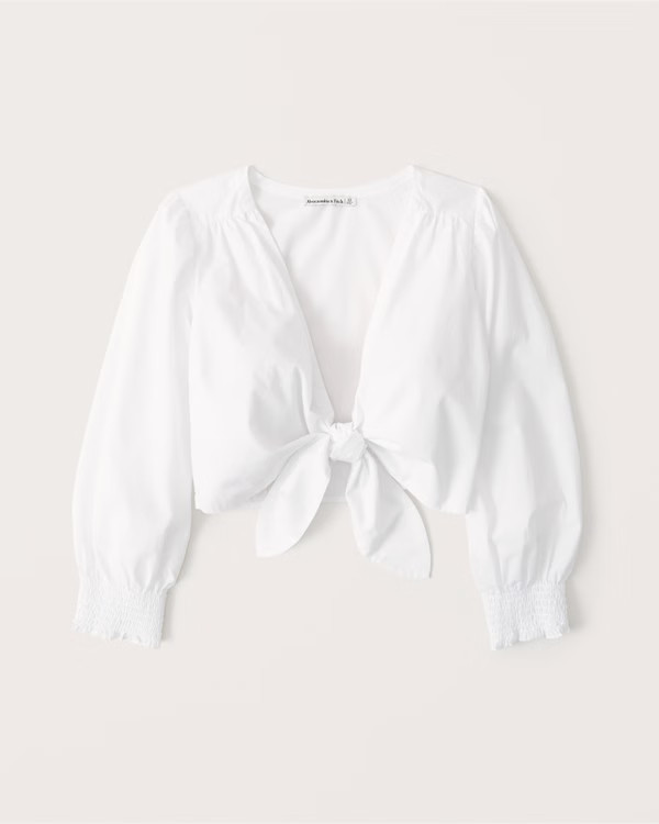 3/4 Sleeve Tie-Front Poplin Top | Abercrombie & Fitch (US)