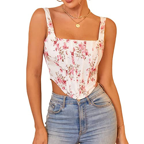 KUTUMAI Women's Summer Floral Corset Crop Top Strap Boned Bustier Cute Bodyshaper Trendy Going Out Tops Pink L | Amazon (US)