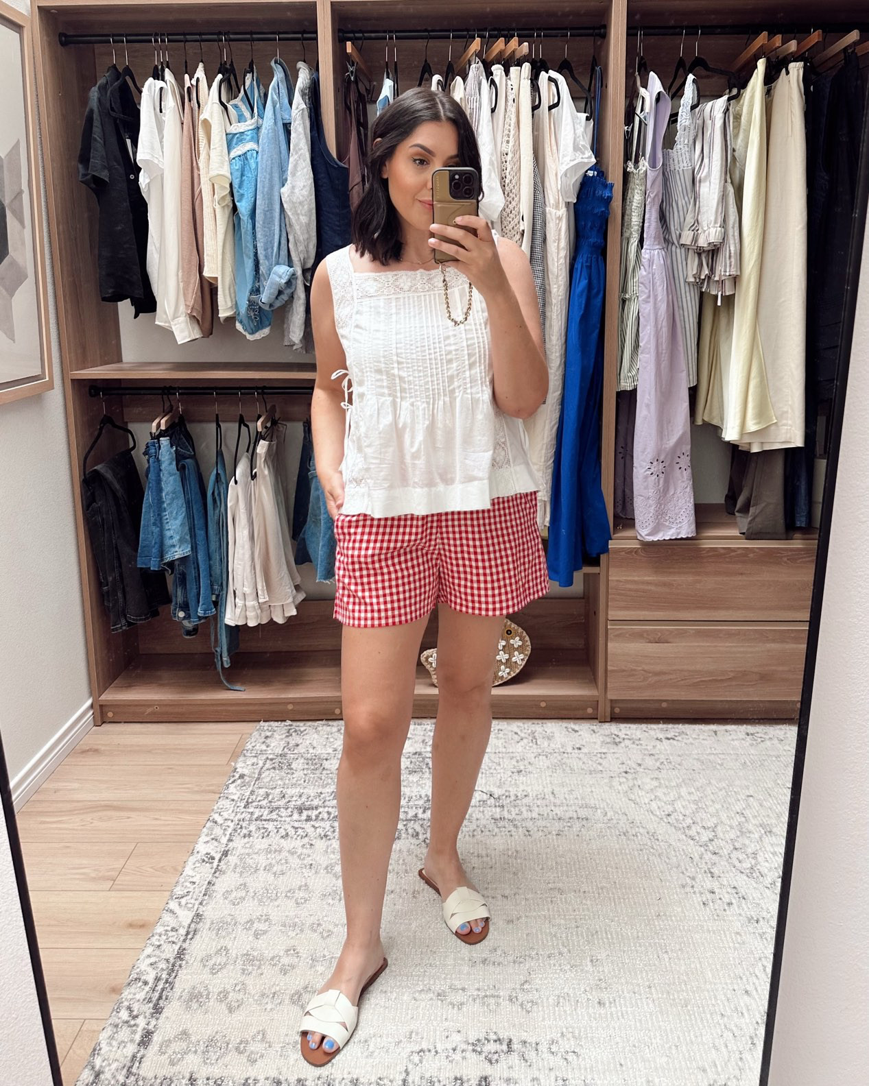 My shorts are on prime for under $10! I'm in the large here.

My top is @Madewell -- I'm in the large.  

 