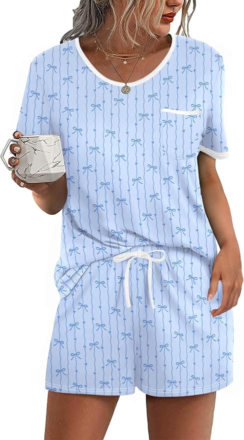 Ekouaer Pajama Set for Women 2 Piece Lounge Set Short Sleeve Tops and Shorts Soft Sleepwear, Ches... | Amazon (US)