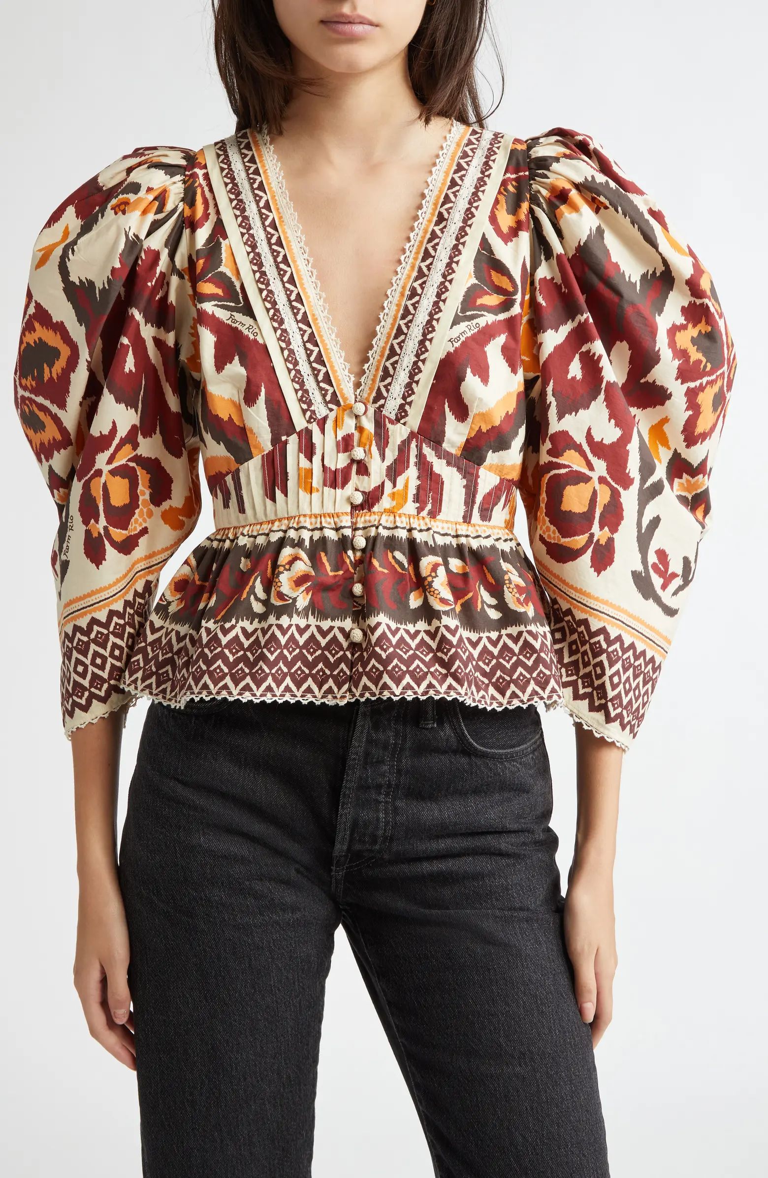 FARM Rio Puff Sleeve Button Front Top | Nordstrom | Nordstrom