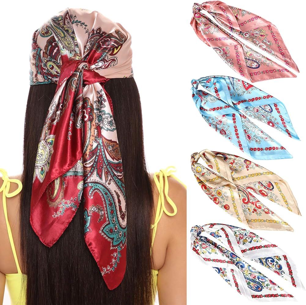 35 Inches Women Head Scarf Hair Bandanas - 4PCS Square Satin Head Scarves for Women Silk Like Hai... | Amazon (US)
