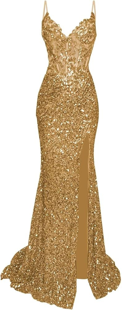 Sparkly Prom Dresses Long Sequin Mermaid Spaghtti Straps Lace Applique Corset Ball Gown | Amazon (US)