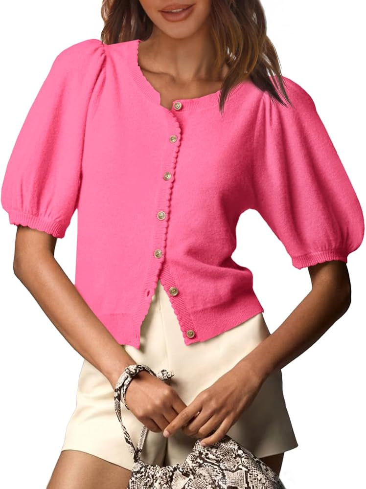 Saodimallsu Womens Puff Short Sleeve Cardigan Lightweight Summer Button Down Shirts Knit Crew Nec... | Amazon (US)