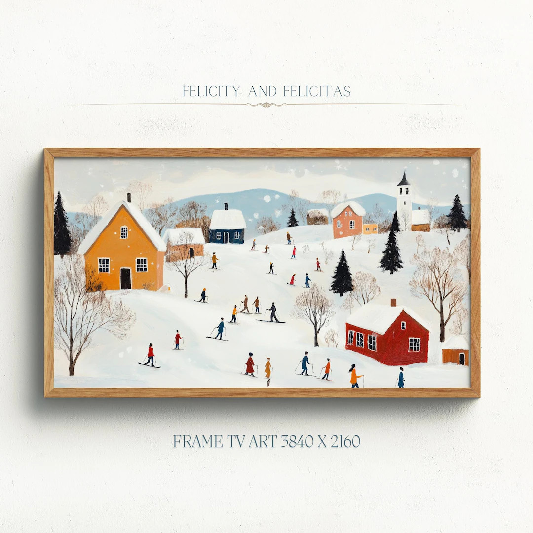 Christmas Village Samsung Frame TV Art, Cozy Winter Landscape TV Art, Neutral Winter Cottagecore ... | Etsy (US)