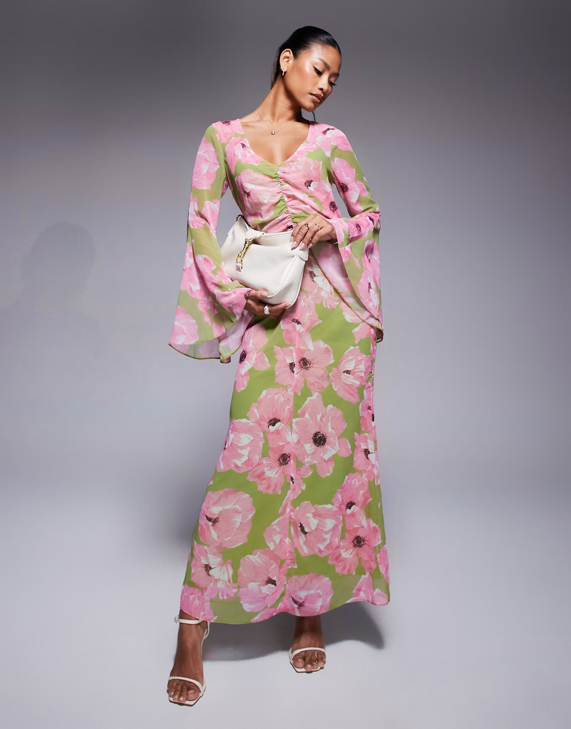 ASOS DESIGN v neck ruched front maxi dress in pink floral print | ASOS (Global)