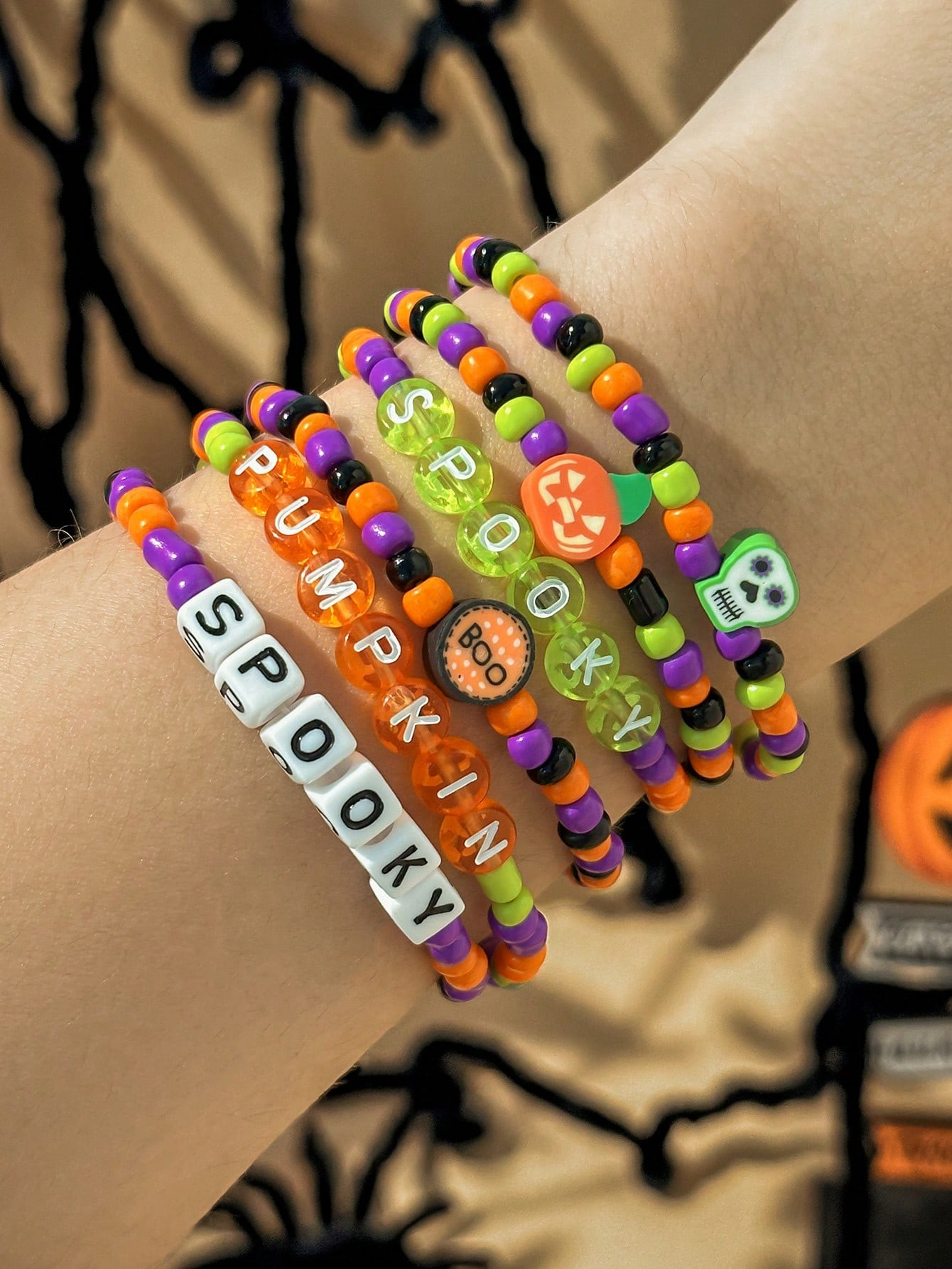 6pcs Multi-Layer Pumpkin Skull Letter Pendant Bracelet, Artificial Crystal & Polymer Clay Beads, ... | SHEIN