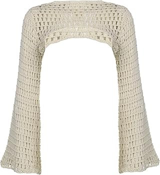 Women's Y2k Crochet Knit Hollow Out Crop Top Long Flared Sleeve Shrug Sweater Square Collar Navel Sh | Amazon (UK)