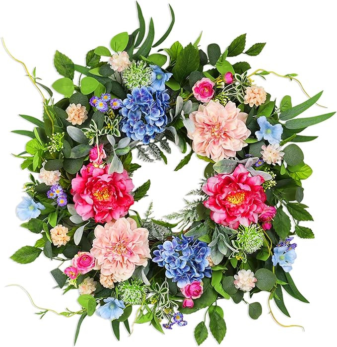 24 Inch Spring Wreaths for Front Door, Artificial Front Door Wreath with Daisy Peony Hydrangea Eu... | Amazon (US)