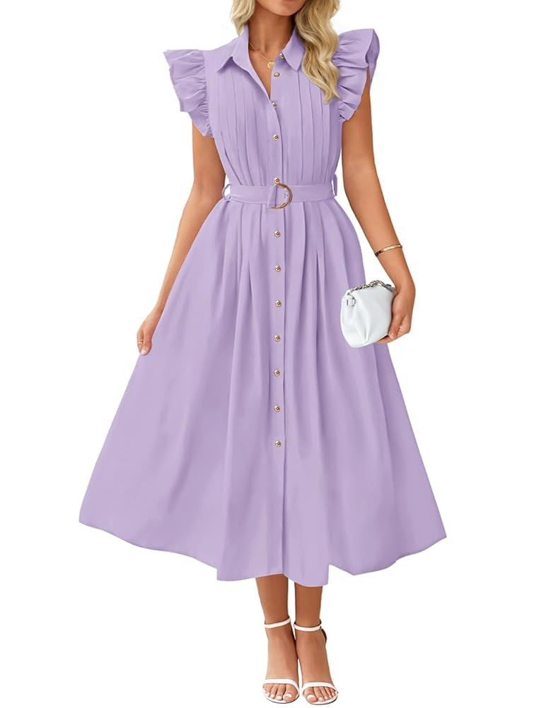 ZESICA Women's 2025 Summer Boho Button Midi Dresses Casual V Neck Flutter Sleeve Belted Long Dres... | Amazon (US)