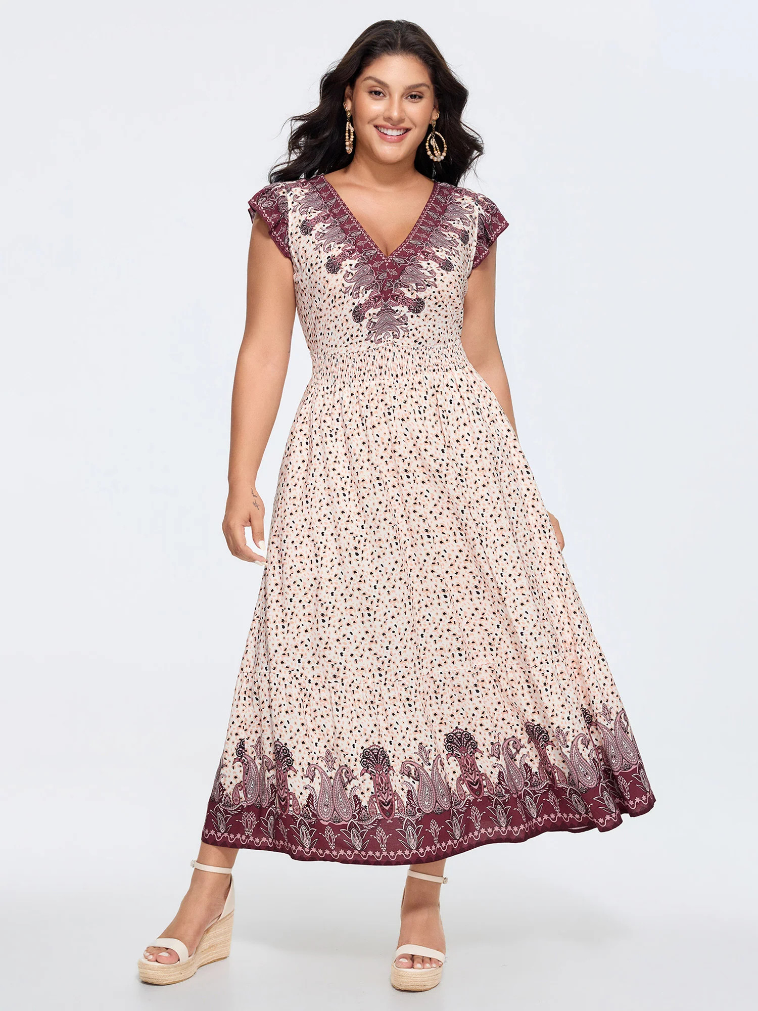 Floral Print Color Contrast V-Neck Midi Dress | Bloomchic