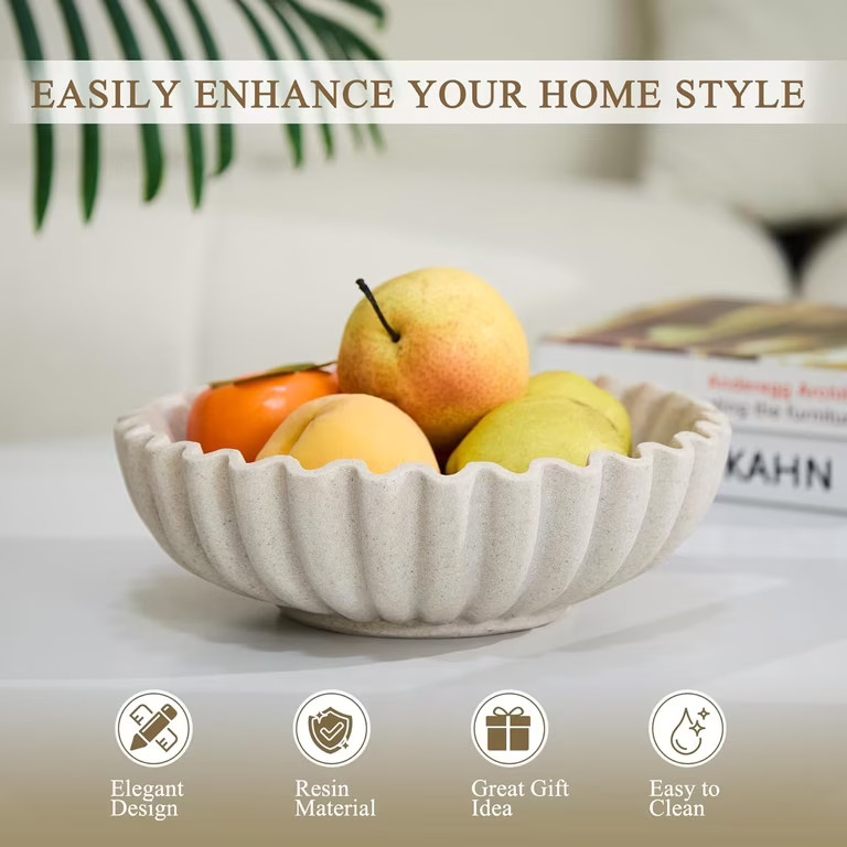 Large Decorative Bowl, Resin Fruit Bowl for Kitchen Counter, Scalloped Ruffle Entryway Bowl, 10 I... | Walmart (US)